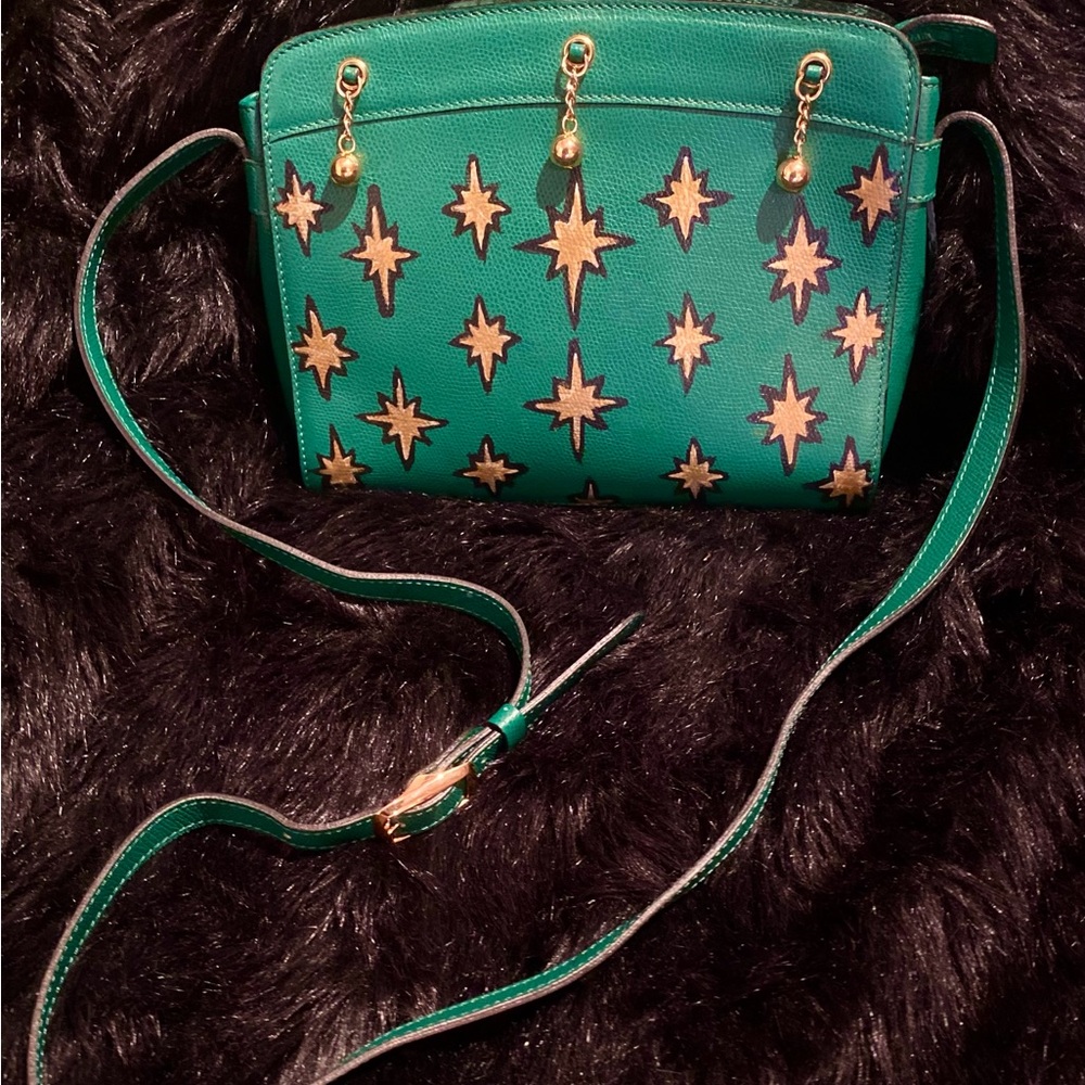 Handpainted vintage didier Lamarthe atomic print green and gold crossbody purse